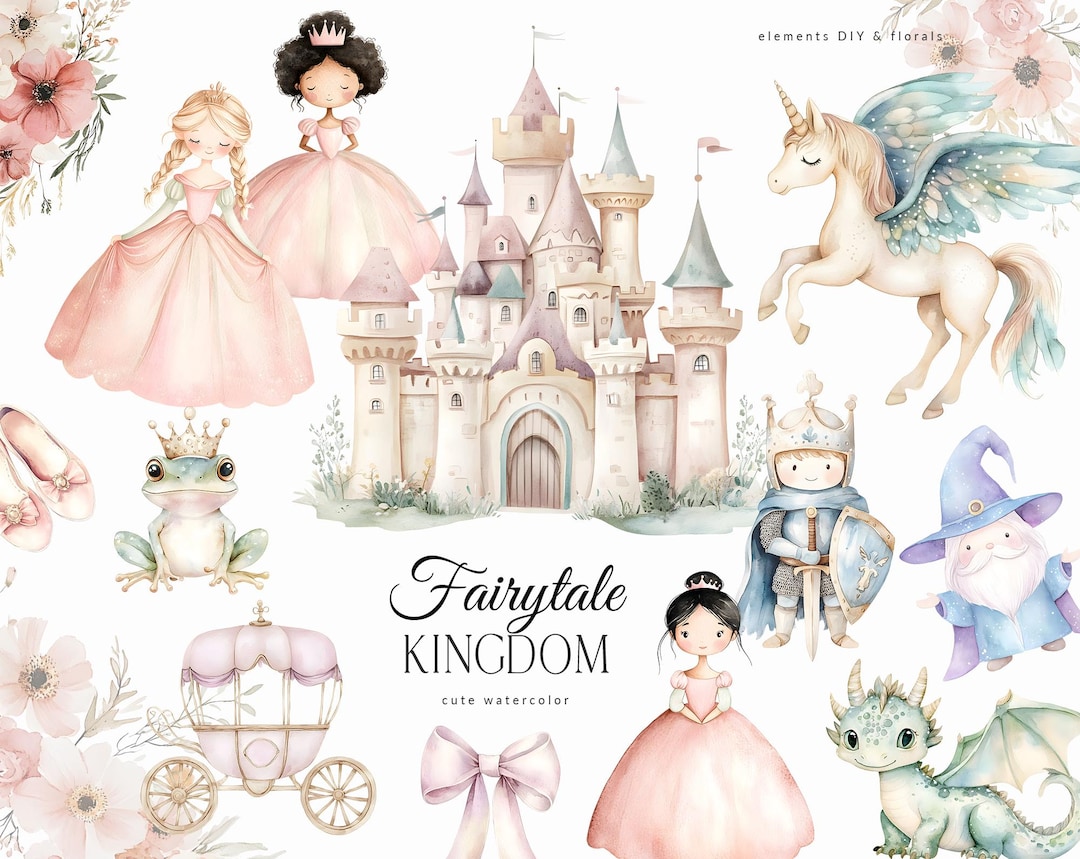 Fairytale Kingdom & Pink Princesses Watercolor Clipart - Cute Princess ...