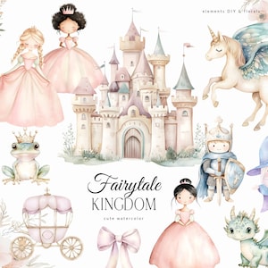 Clipart de acuarela de un reino de cuento de hadas y princesas rosas - Clipart de princesas reales lindas - Clipart de castillos, pegasos y unicornios - Clipart para niños