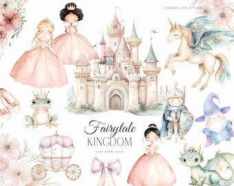 Clipart de acuarela de un reino de cuento de hadas y princesas rosas - Clipart de princesas reales lindas - Clipart de castillos, pegasos y unicornios - Clipart para niños