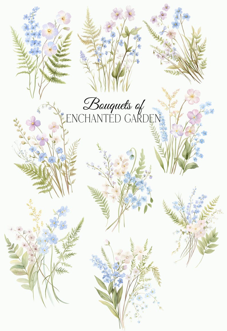 May include: A set of nine watercolor illustrations of bouquets of flowers. The bouquets feature a mix of blue, pink, and white flowers, including forget-me-nots and ferns. The text "Bouquets of Enchanted Garden" is written in the center of the image.