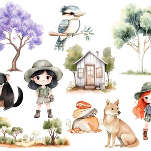 Puede incluir: Ilustraciones en acuarela con tem&aacute;tica australiana. Incluye un cucaburra, un dingo, una peque&ntilde;a caba&ntilde;a, un &aacute;rbol con flores moradas, un animal en blanco y negro, dos personajes de dibujos animados y una pila de piedras.