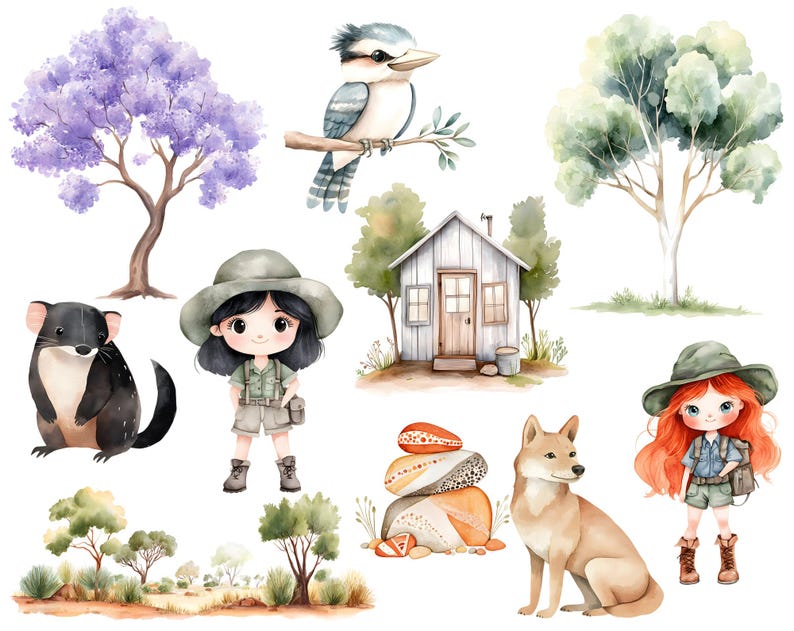 Puede incluir: Ilustraciones en acuarela con tem&aacute;tica australiana. Incluye un cucaburra, un dingo, una peque&ntilde;a caba&ntilde;a, un &aacute;rbol con flores moradas, un animal en blanco y negro, dos personajes de dibujos animados y una pila de piedras.