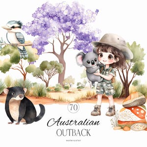 Puede incluir: Ilustraci&oacute;n en acuarela de una escena del Outback australiano. Una ni&ntilde;a con sombrero de safari sostiene un koala. Un cucaburra est&aacute; posado en una rama, y tambi&eacute;n hay un demonio de Tasmania. El texto "Australian Outback" est&aacute; en la parte inferior.