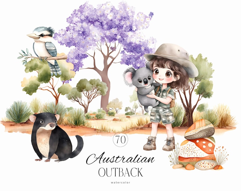 Puede incluir: Ilustraci&oacute;n en acuarela de una escena del Outback australiano. Una ni&ntilde;a con sombrero de safari sostiene un koala. Un cucaburra est&aacute; posado en una rama, y tambi&eacute;n hay un demonio de Tasmania. El texto "Australian Outback" est&aacute; en la parte inferior.