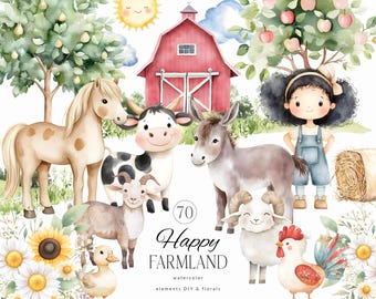 Puede incluir: Ilustración de acuarela de una escena de granja con un granero rojo, un caballo, una vaca, un burro, dos cabras, un gallo, un girasol, un pato y una niña con el pelo rizado. La ilustración se titula "70 Happy Farmland Watercolor elements DIY & florals".