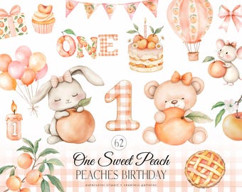 Nuestro dulce melocotón para el primer cumpleaños - Clipart de melocotones en acuarela - Dulce melocotón para el primer cumpleaños - Decoración de fiesta de melocotón - Frutas lindas PNG