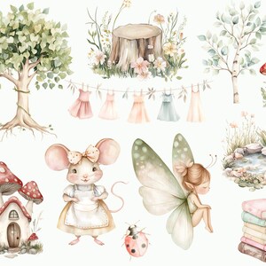 May include: Watercolor illustration of a whimsical forest scene with a mouse wearing a dress and a bow, a fairy with wings, a mushroom house, a tree, a ladybug, a pile of books, a pond, and a clothesline with dresses hanging on it.