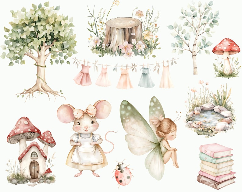 May include: Watercolor illustration of a whimsical forest scene with a mouse wearing a dress and a bow, a fairy with wings, a mushroom house, a tree, a ladybug, a pile of books, a pond, and a clothesline with dresses hanging on it.