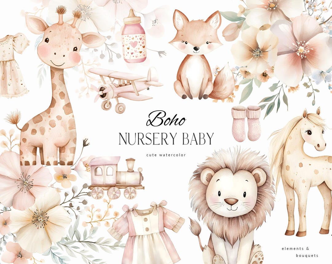 Boho Baby Clipart - Cute Animals Clipart - Watercolor Nursery Clipart ...