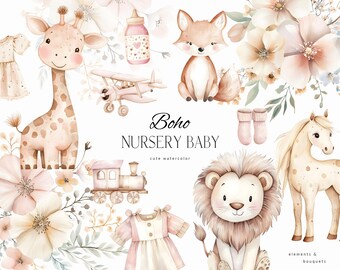 Imágenes prediseñadas de bebé boho - Imágenes prediseñadas de animales lindos - Imágenes prediseñadas de guardería de acuarela - Ramos neutros boho PNG - Juguetes de bebé boho - Licencia de venta ilimitada