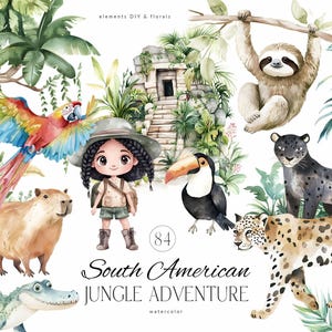 Imágenes prediseñadas de aventuras en la jungla - Imágenes prediseñadas de vida silvestre tropical - Imágenes prediseñadas de animales de la selva tropical - Guacamayo, jaguar, perezoso, capibara - Viajes a Sudamérica