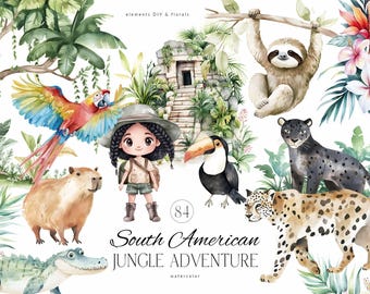 Jungle Adventure Clipart - Tropical Wildlife Clip Art - Rainforest Animals Clipart - Macaw Jaguar Sloth Capybara - Travel to South America