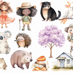 Puede incluir: Ilustraciones en acuarela de animales australianos y ni&ntilde;os. Incluye un koala, un wombat, un demonio de Tasmania, una cacat&uacute;a, una rana, un erizo y un &aacute;rbol de flores moradas. Dos ni&ntilde;os est&aacute;n vestidos de exploradores. Tambi&eacute;n se presenta una peque&ntilde;a casa y rocas apiladas.
