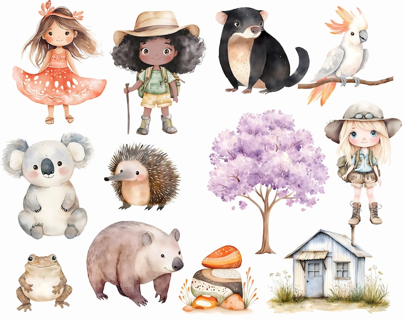 Puede incluir: Ilustraciones en acuarela de animales australianos y ni&ntilde;os. Incluye un koala, un wombat, un demonio de Tasmania, una cacat&uacute;a, una rana, un erizo y un &aacute;rbol de flores moradas. Dos ni&ntilde;os est&aacute;n vestidos de exploradores. Tambi&eacute;n se presenta una peque&ntilde;a casa y rocas apiladas.