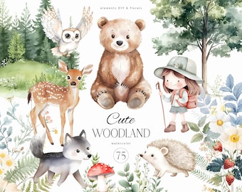 Watercolor Woodland Animals Clipart - Cute Woodland Baby Animal - Forest Nursery Decor - Forest Animals &Greenery - Hiker Watercolor Clipart
