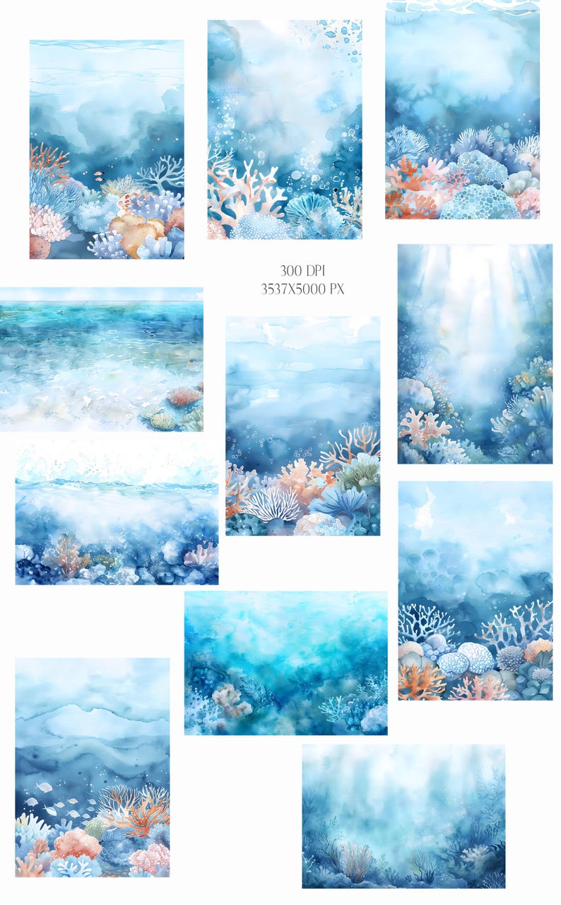 May include: A set of ten digital watercolor backgrounds featuring coral reefs and ocean scenes. The backgrounds are in shades of blue, green, and white, with coral, fish, and bubbles. The backgrounds are perfect for creating digital art, scrapbooking, or other creative projects.