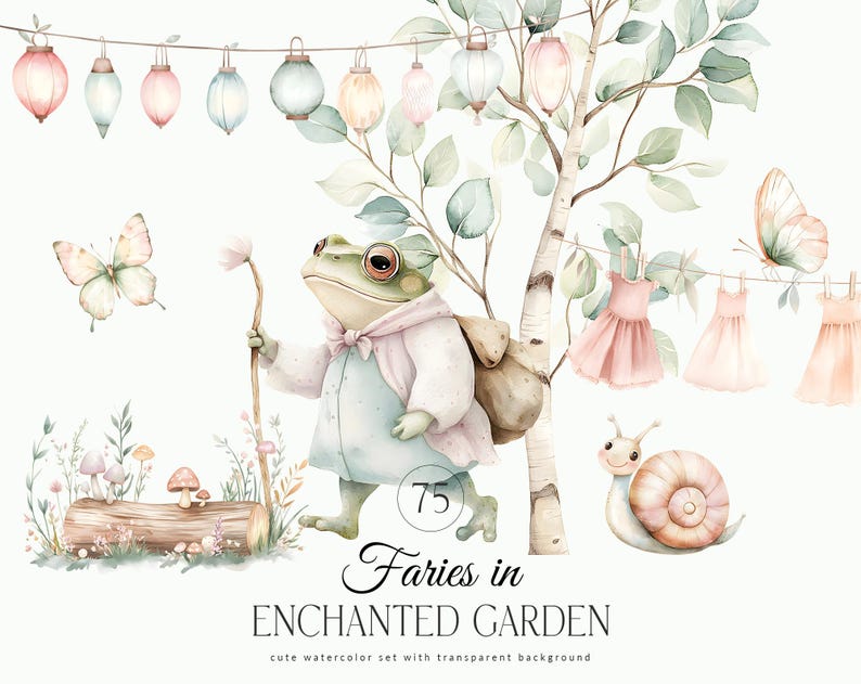 May include: Watercolor illustration of a frog wearing a pink and blue dress and a brown backpack, holding a stick with a flower on top. The frog is standing in a forest with a tree, mushrooms, and a snail. The text "75 Fairies in Enchanted Garden" is written below the frog.