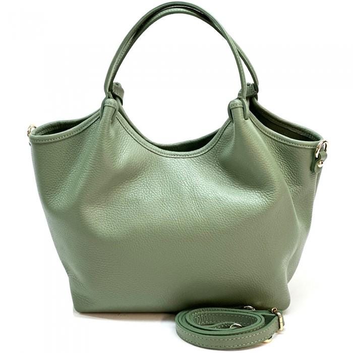 Light Green Pebbled Leather Tote Bag: Italian Leather, Minimalist Design