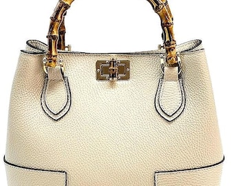 Handcrafted Italian Leather Tote with Natural Bamboo Handles