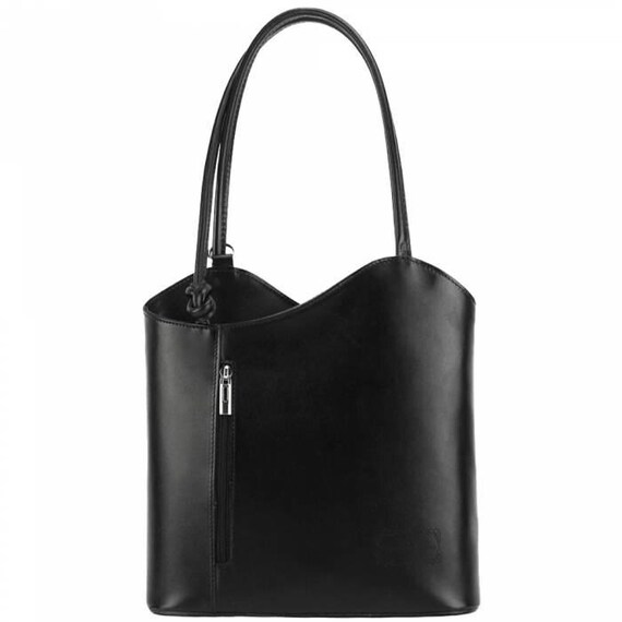 Sleek Italian Leather Tote Converts to a Backpack - Polished Black