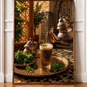 Art du service du thé à la menthe marocain | Théière en argent, verre, impression décorative pour riad