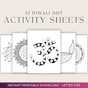 Op de afbeelding: Een set van 12 Diwali dot activiteitenvellen. De vellen bevatten verschillende zwart-wit ontwerpen, waaronder een mandala, een Om-symbool en een diya-lamp. De tekst "12 Diwali Dot Activity Sheets" staat bovenaan.