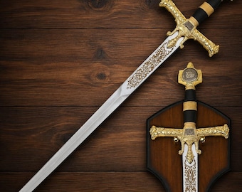Replica artigianale della spada di Re Salomone, spada lunga medievale decorata con Stella di David e fodero in pelle.