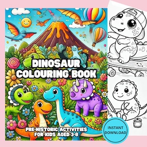 Libro para colorear de dinosaurios divertidos y adorables: actividades prehistóricas para niños de 3 a 8 años. Descarga digital instantánea en formato PDF.