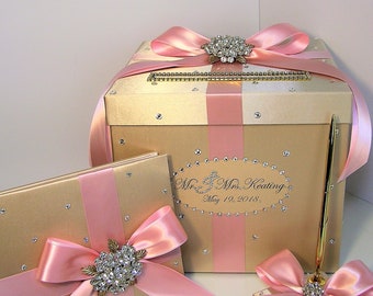 Wedding/Quinceañera/Sweet16 Card Box4Sets,1 tier Champagne Gold and Blush Pink Card Box Guest book, Pen/Pen Holder-Customize your color