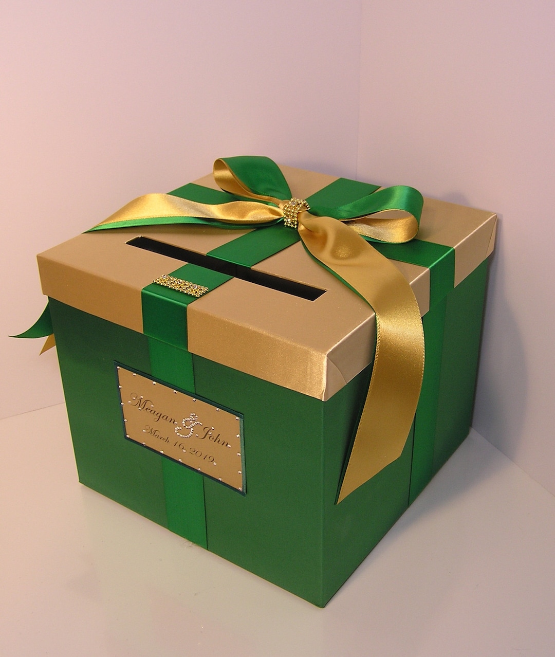Wedding Card Box Gold and Emerald Green Gift Card Box Money Box Holder