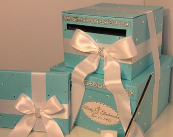 Wedding/Quinceañera/Sweet16 Card Box Sets 2 tier Blue and White Card Box,Guest book and Pen/Pen Holder.Money Box Holder-Customize your color