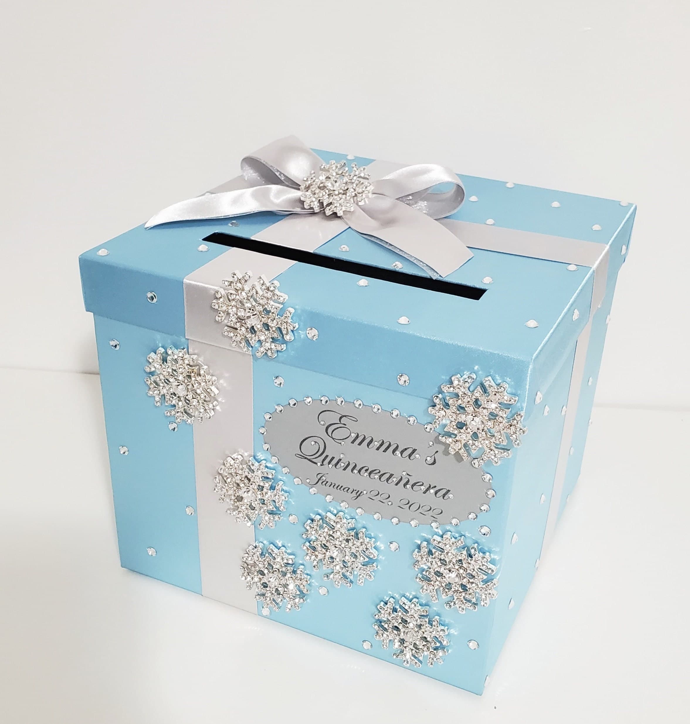 Winter Snowflake Wedding Card Box Blue and SilverWeddingSweet 16 QuinceaeraBirthday Gift Card BoxMoney Box HolderCustomize