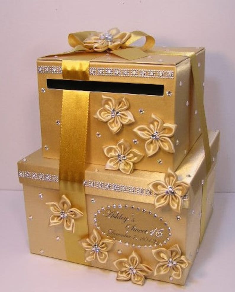 Wedding Card Box/Sweet 16 Gift Card Box 2 tier Gold Money Card Box Holder-customize your color image 1