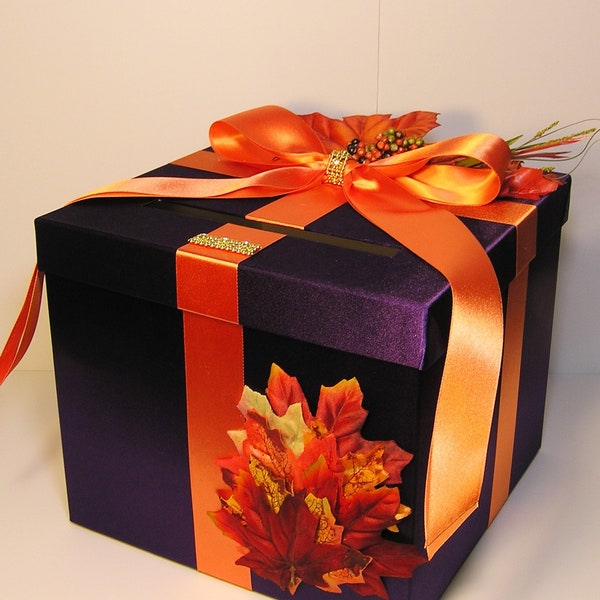 Wedding  Card Box Fall Gift Card Box  Eggplant/Purple Orange Money Box Holder-Customize/made to order (10x10x9)