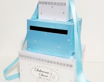 Wedding /Quinceañera/Sweet 16/Bat Mitzvah  Card Box Silver and Blue Gift Card Box Money Card Box/Wedding card box holder-CustomizeYour color