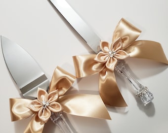 Champagne Wedding Cake Cutting and Serving Set, Wedding Cake Server and Knife - Customize your color