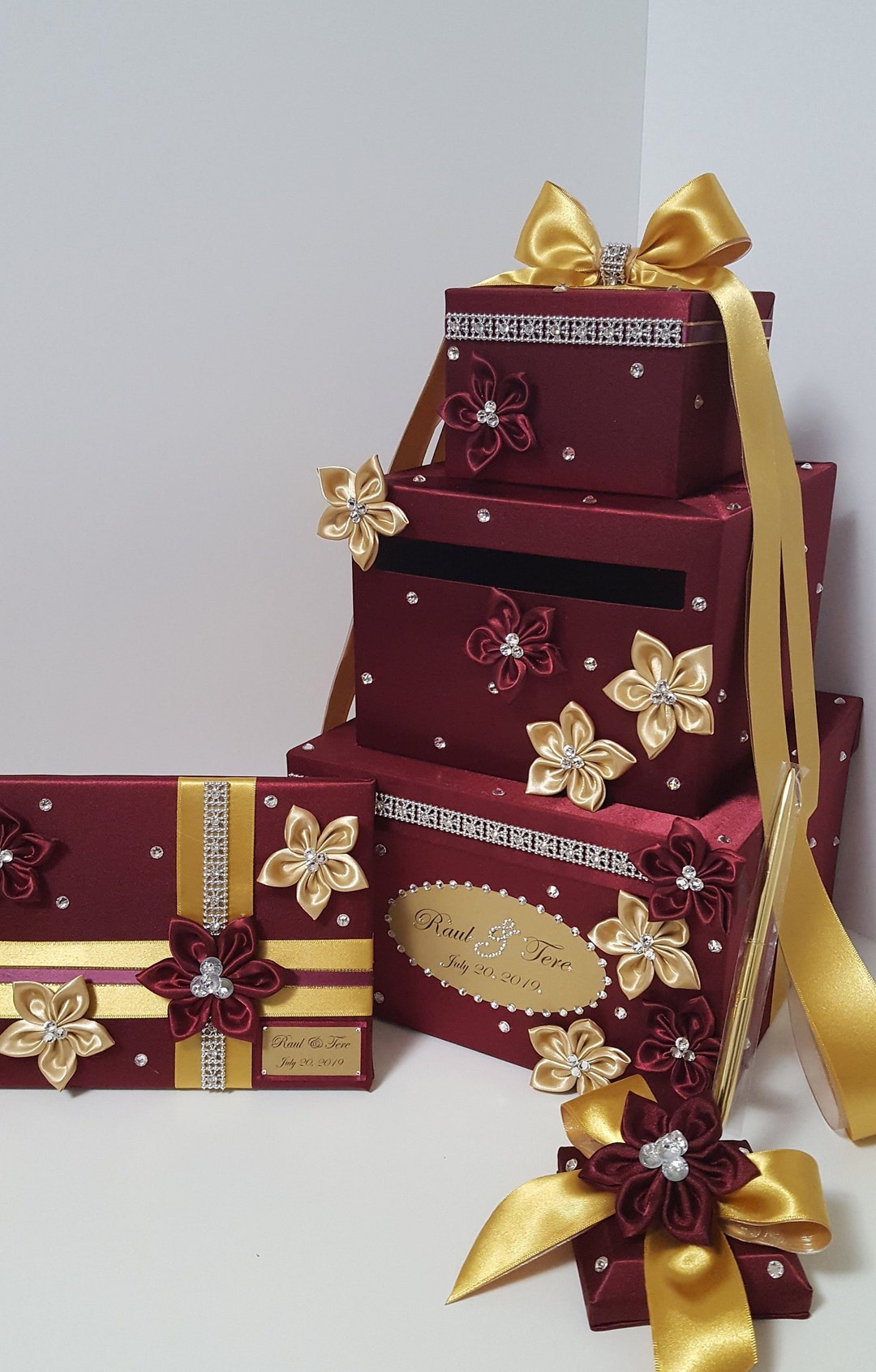 Wedding /quinceañera/sweet 16 Card Box 4sets/ 4-tier Gold & Burgundy ...