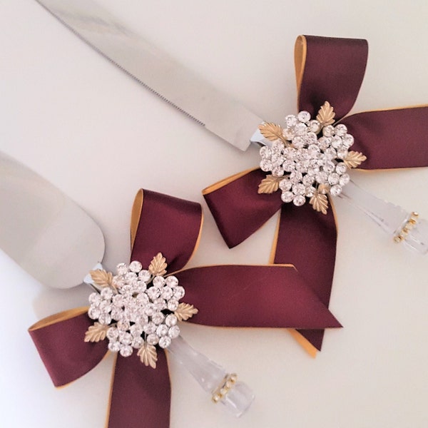 Burgundy and Gold Wedding/Quinceañera/Sweet 16 Cake Cutting and Serving Set, Wedding Cake Server and Knife - Customize your color