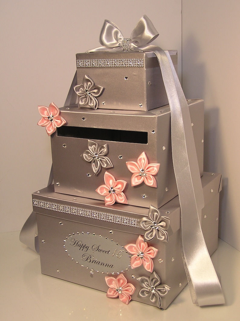 Wedding /Quinceañera/Sweet 16/Bat Mitzvah Card Box Silver and Burgundy Gift Card Box Money Box /Wedding card box holder-Customize your color image 2