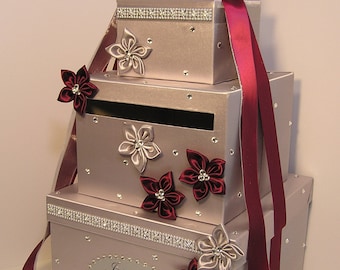 Wedding /Quinceañera/Sweet 16/Bat Mitzvah Card Box Silver and Burgundy Gift Card Box Money Box /Wedding card box holder-Customize your color