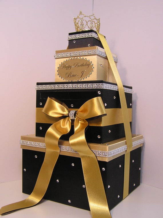 Black Gift Card Holder Box With Gold Ribbon Bow
