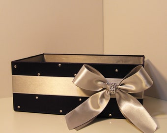 Custom Wedding Program Box: Silver & Navy Fabric Amenities Box