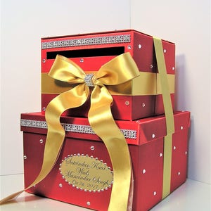 Red and Gold Wedding Card Box: Fabric Gift Money Holder