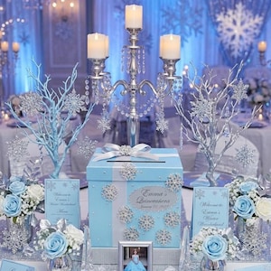Winter Snowflake Wedding Card Box Blue and Silver,Wedding,Sweet 16, Quinceañera,Birthday Gift Card Box,Money Box Holder-Customize your color
