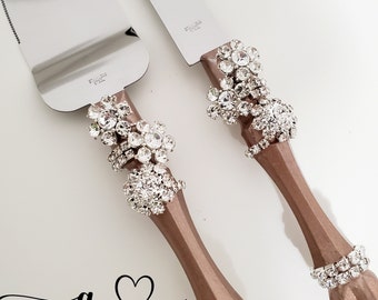 Rose Gold & Crystals Wedding/Quinceañera/Sweet16 Cake Cutting and Serving Set, Wedding Cake Server and Knife - Customize your color