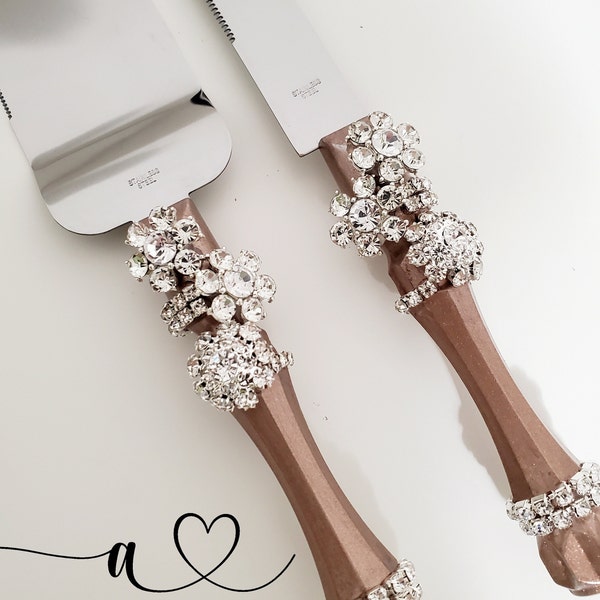 Rose Gold & Crystals Wedding/Quinceañera/Sweet16 Cake Cutting and Serving Set, Wedding Cake Server and Knife - Customize your color