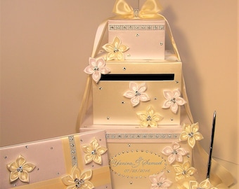 Wedding /Quinceañera/Sweet 16 Card Box Sets / 1-tier Ivory Card Box Guest book, Pen/Pen Holder Gift Box Holder-Customize your color