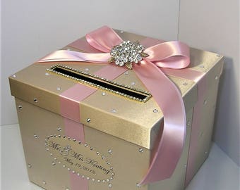 Wedding /Quinceañera/Sweet 16 Card Box/Bat Mitzvah Champagne and Blush pink Gift Card Box/Money Box/Wedding card box-Customize your color