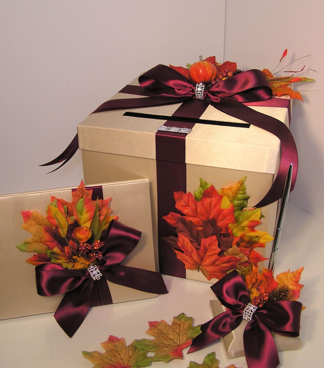 Fall Card Box Fall Wedding Card Box Set: Guest Book, Pen Holder, Autumn Leaves - Etsy