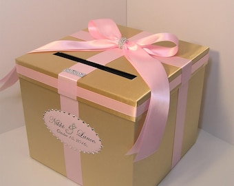 Wedding /Quinceañera/Sweet 16/Bat Mitzvah Card Box Gold and Light Pink Gift Card Box Money Box /Wedding card box holder-Customize your color